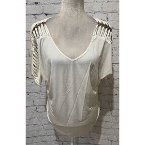 Madison Michelle V-neck white top with peek-a-boo chain link sleeves Size Large